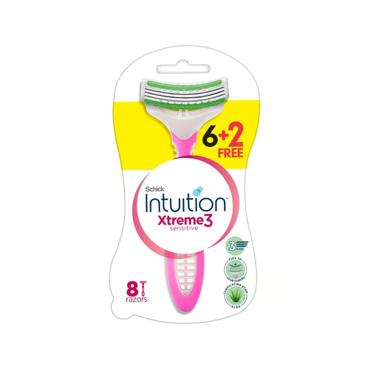 Refect Beauty Schick Intuition Xtreme3 women's disposable razor pack with 8 triple-blade razors and aloe strip.
