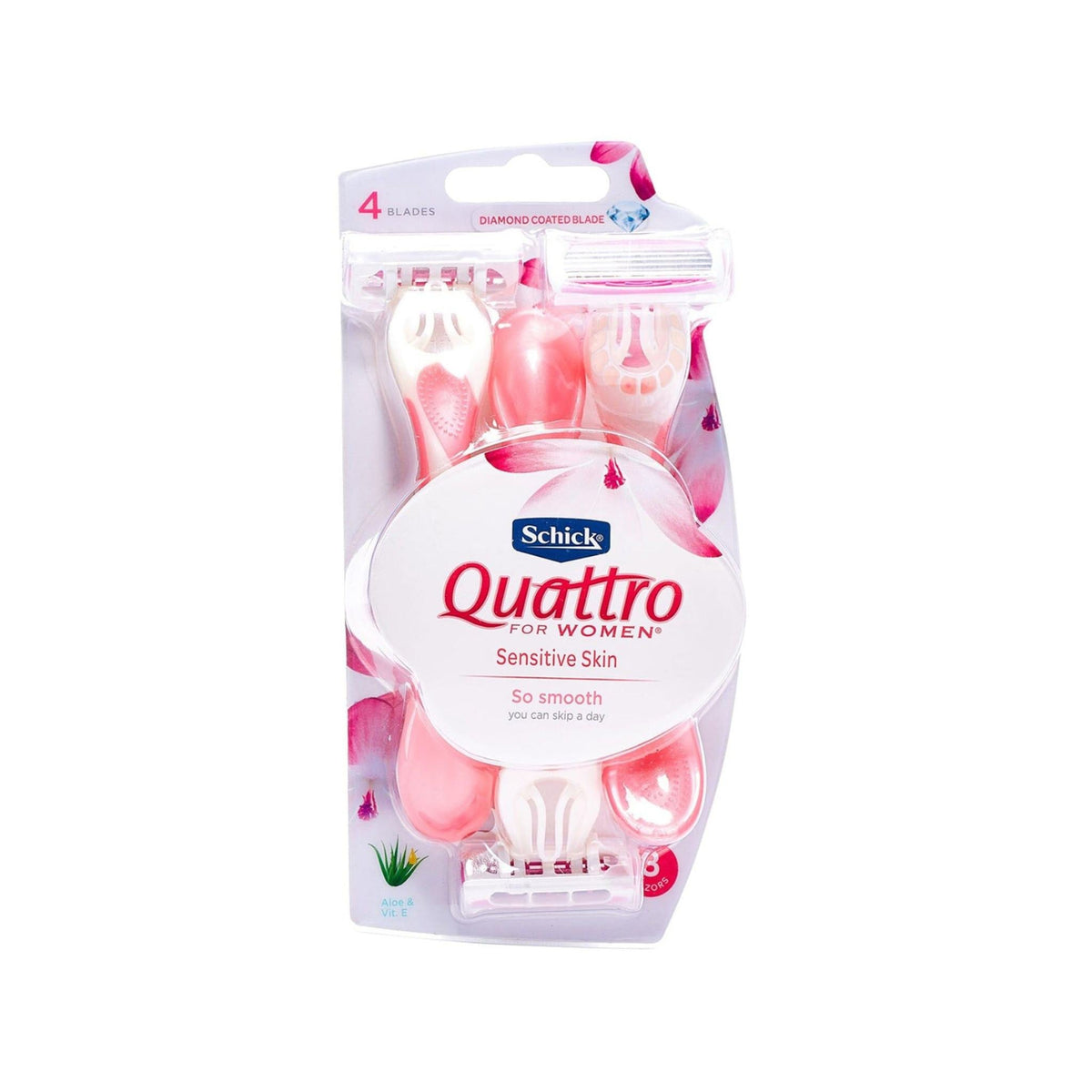 Refect Beauty Schick Quattro 4 disposable razors for women with pink handles and aloe conditioning strips