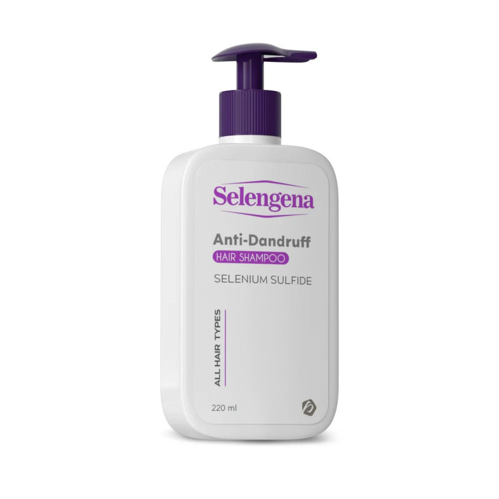 Refect Beauty Selengena anti-dandruff shampoo bottle with a purple pump dispenser for scalp treatment.