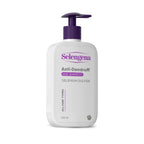 Refect Beauty Selengena anti-dandruff shampoo bottle with a purple pump dispenser for scalp treatment.