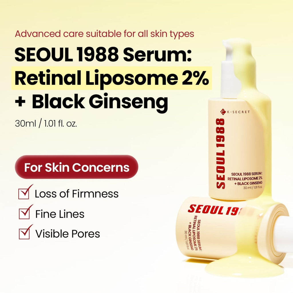 Refect Beauty K-Secret Seoul 1988 anti-aging serum with retinal liposome and black ginseng in yellow pump bottles.