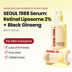Refect Beauty K-Secret Seoul 1988 anti-aging serum with retinal liposome and black ginseng in yellow pump bottles.
