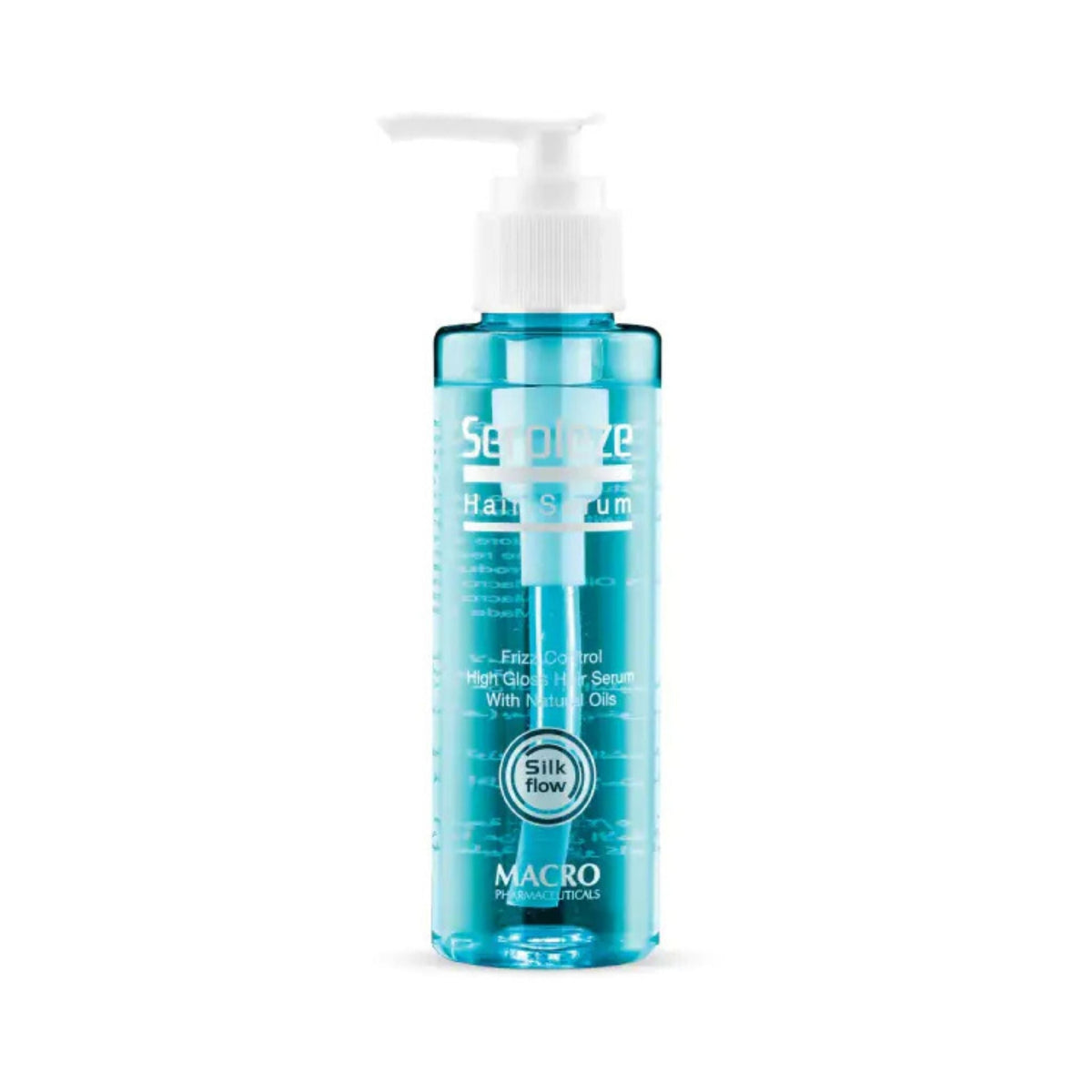 Refect Beauty Seroleze hair serum in a clear blue pump bottle for frizz control and shine on all hair types.