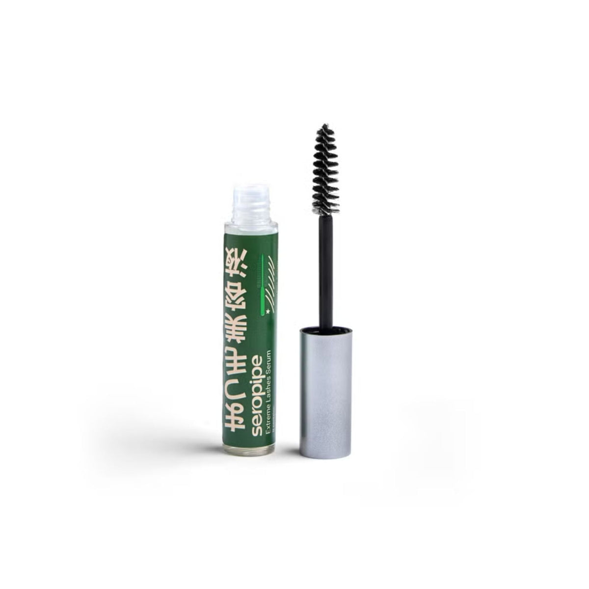 Refect Beauty Seropipe Extreme Lash Serum in a green tube with a black mascara-style applicator brush