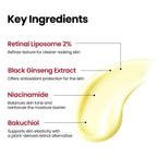 Refect Beauty K-Secret Seoul 1988 Serum ingredient breakdown showing retinal, black ginseng, niacinamide, and bakuchiol