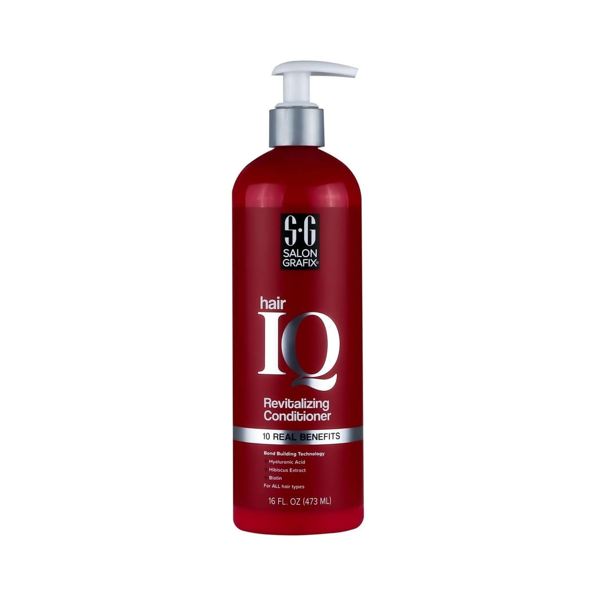 Refect Beauty SGX NYC Hair IQ 10-in-1 revitalizing conditioner in a red bottle with a white pump dispenser.