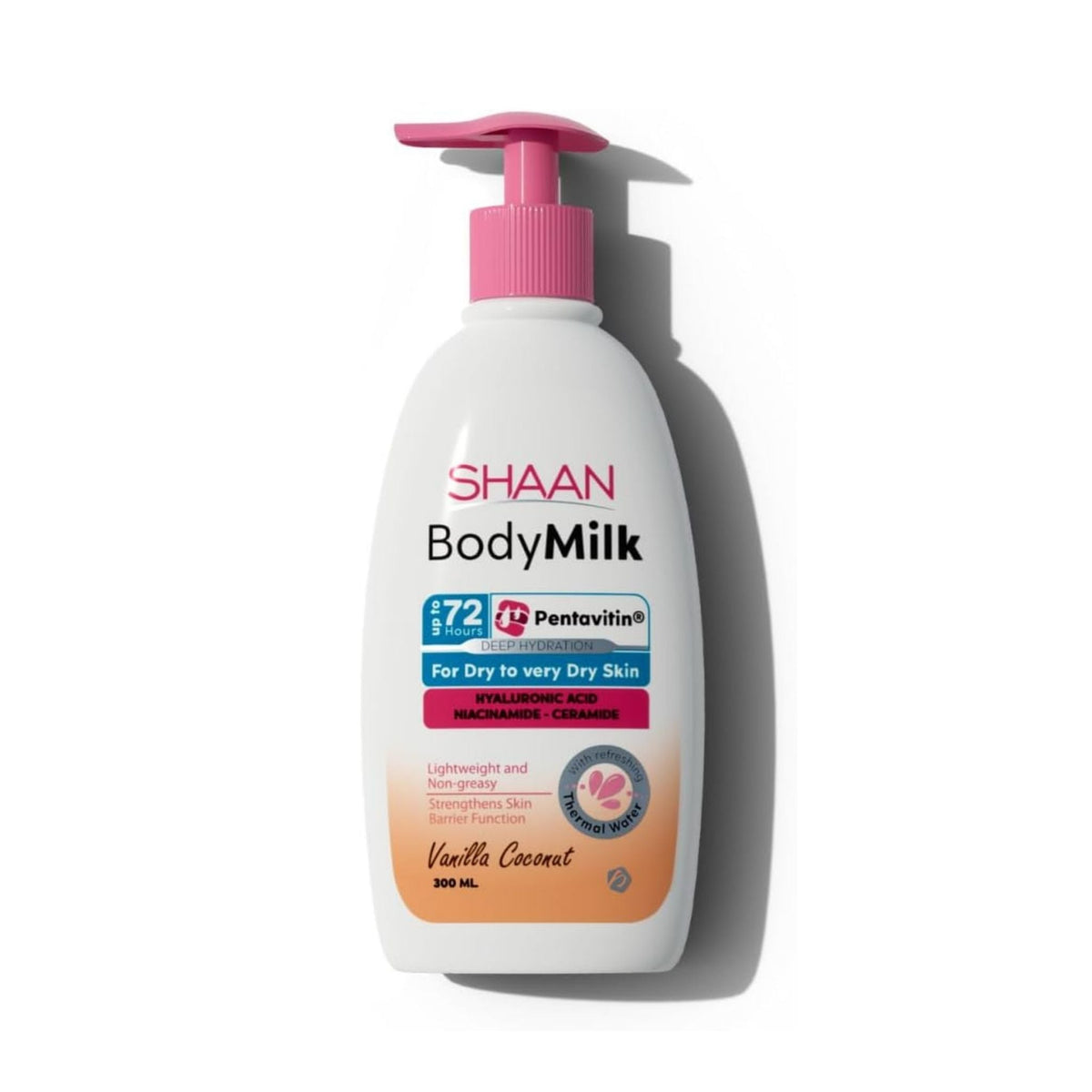 Refect Beauty Shaan Body Milk with Vanilla and Coconut in a 300ml pump bottle for dry skin hydration.
