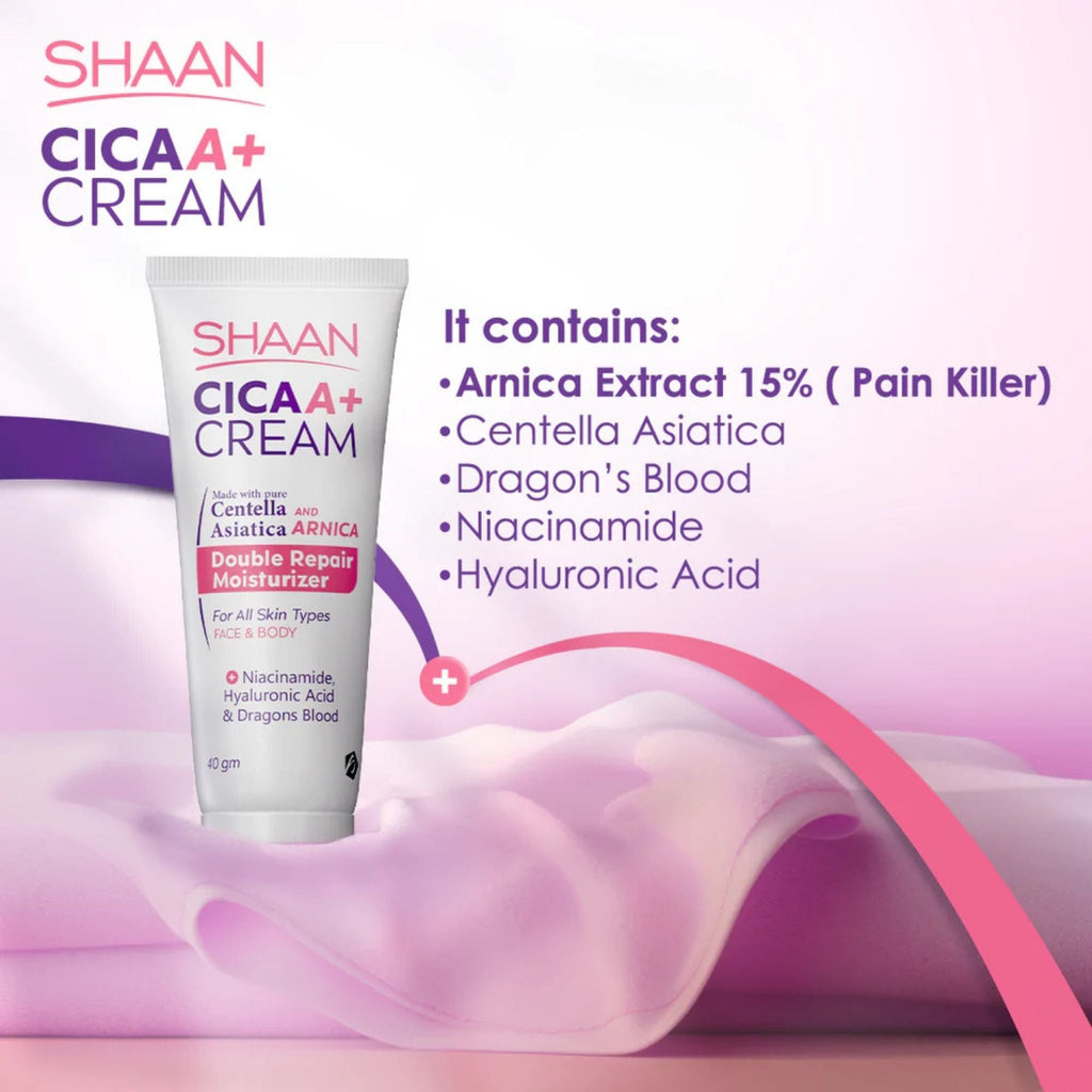 Refect Beauty Shaan CICA ARNICA+ Cream tube for face and body, featuring soothing ingredients on a soft pink background