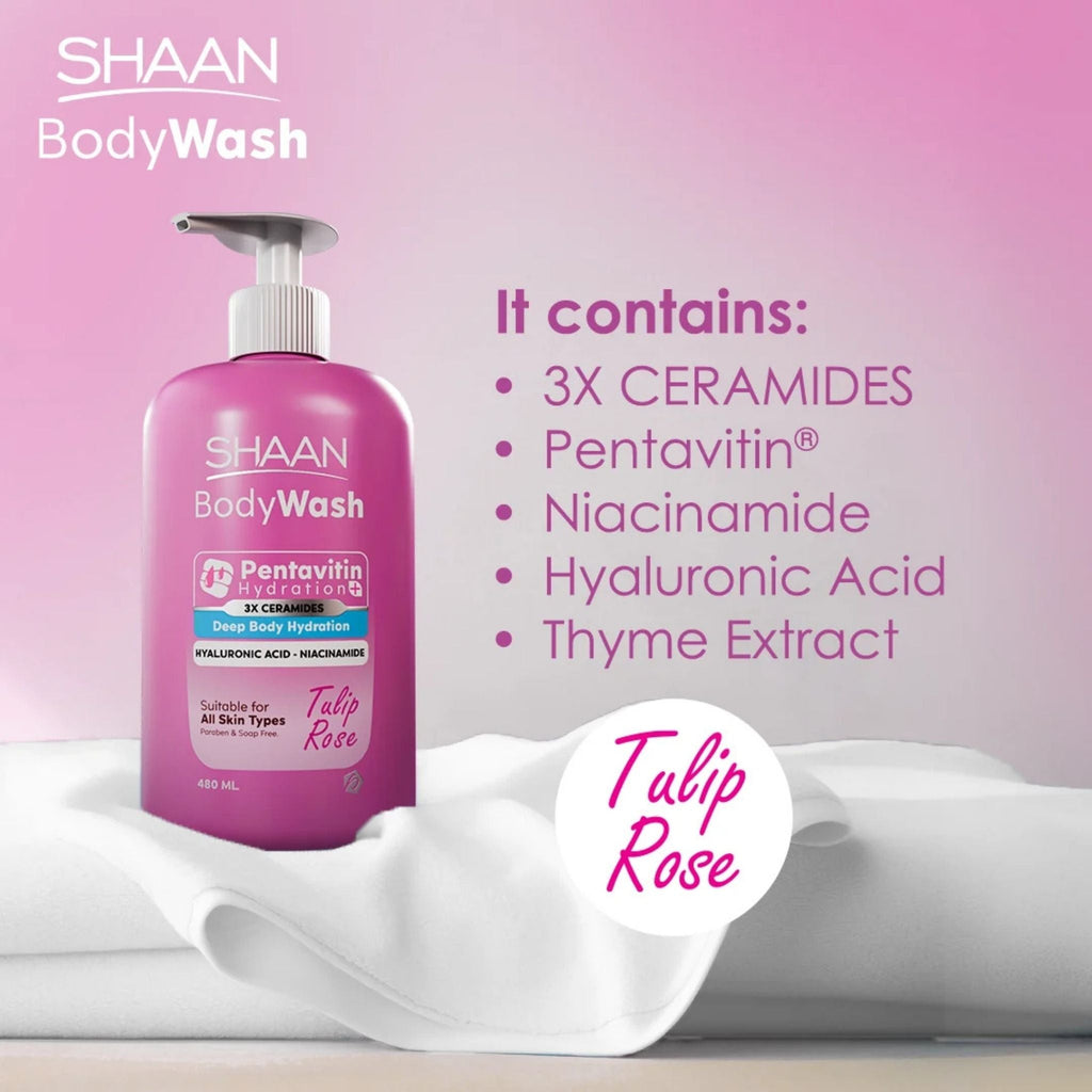 Refect Beauty Shaan Hydrating Body Wash in a pink pump bottle with Tulip Rose scent and key ingredient list.