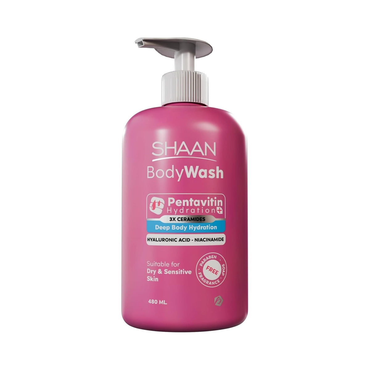 Refect Beauty Shaan Hydrating Body Wash in a pink 480ml pump bottle for dry and sensitive skin