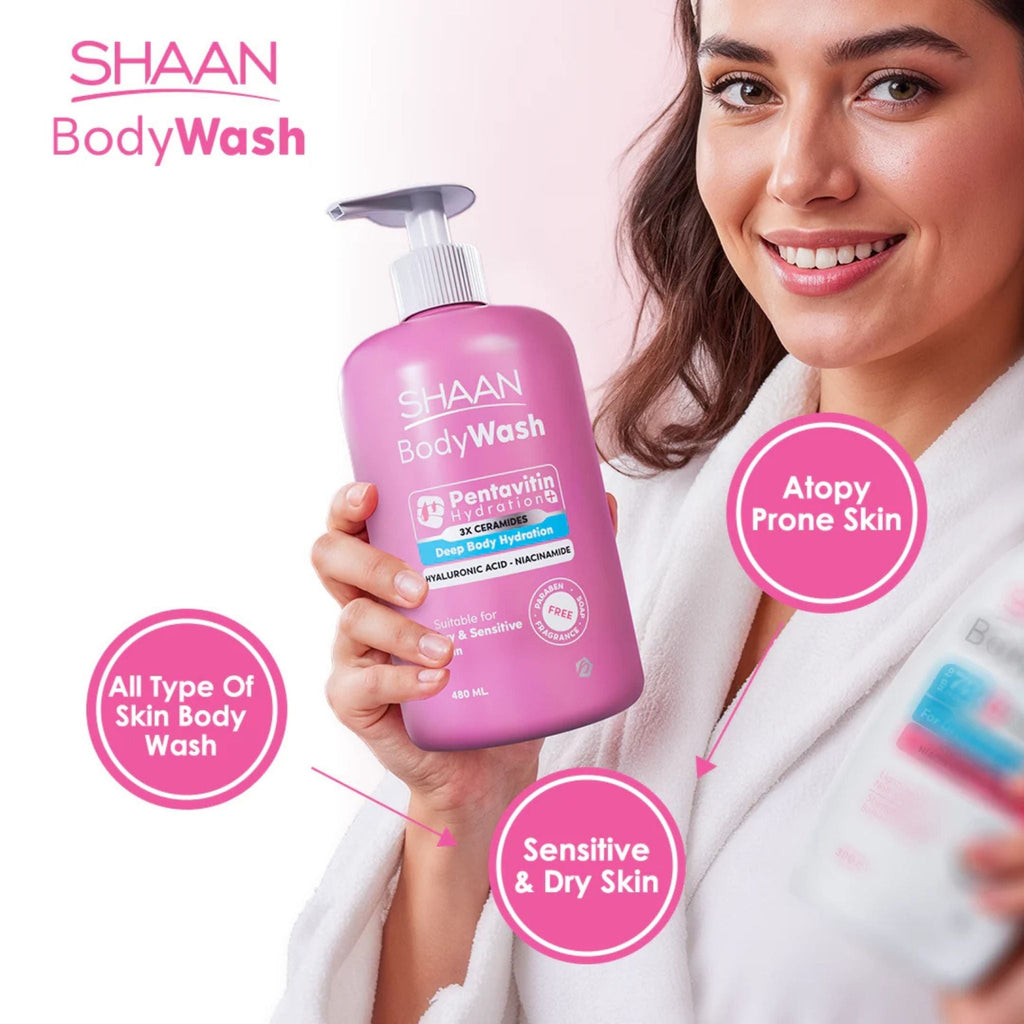 Refect Beauty Shaan Hydrating Body Wash bottle held by a smiling woman in a white robe, suitable for sensitive skin.