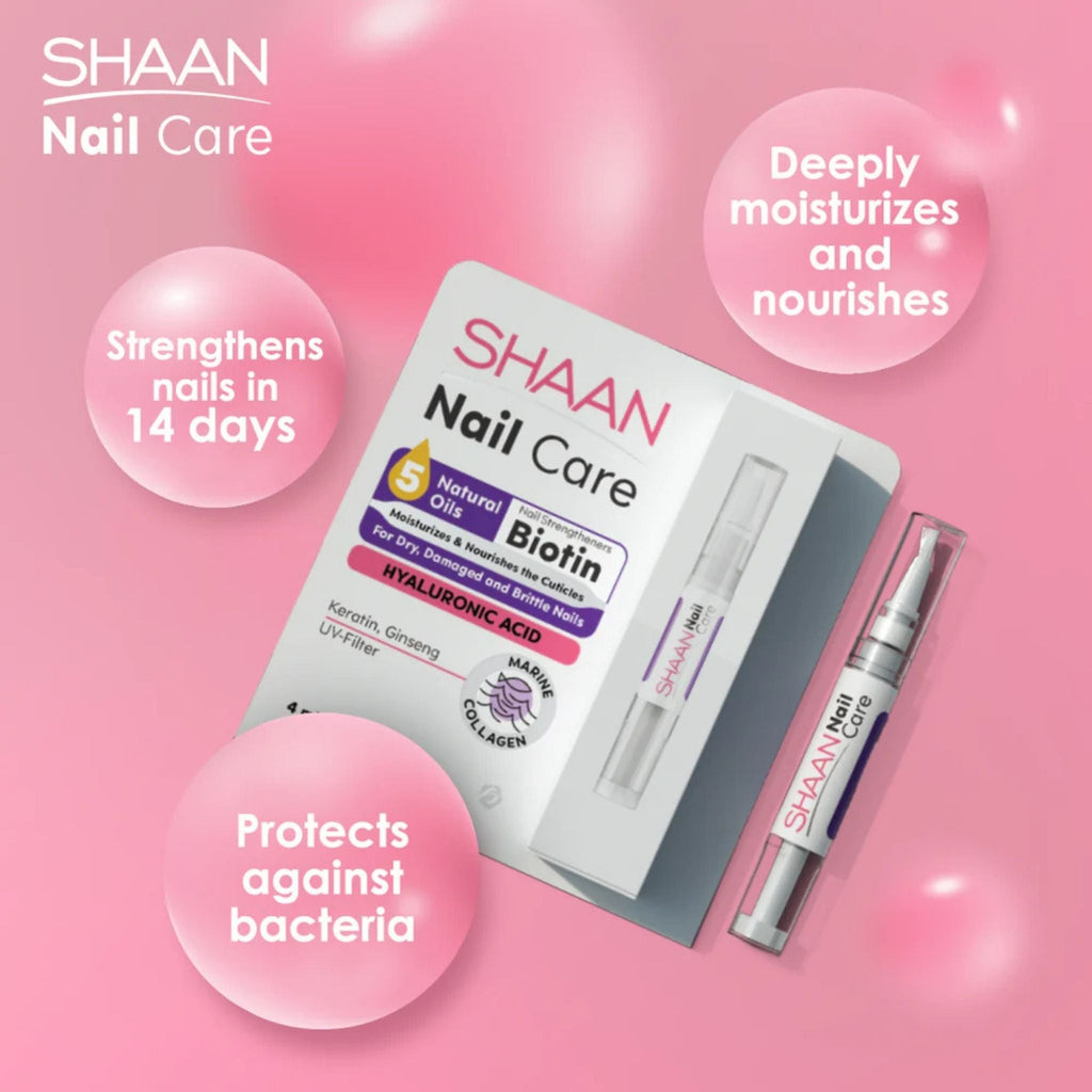 Refect Beauty Shaan Nail Care serum pen and packaging box on a pink background with benefit bubbles