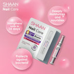 Refect Beauty Shaan Nail Care serum pen and packaging box on a pink background with benefit bubbles