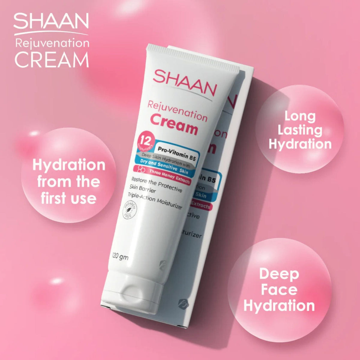 Refect Beauty Shaan Rejuvenation Cream tube for deep face hydration and skin barrier support on a pink background