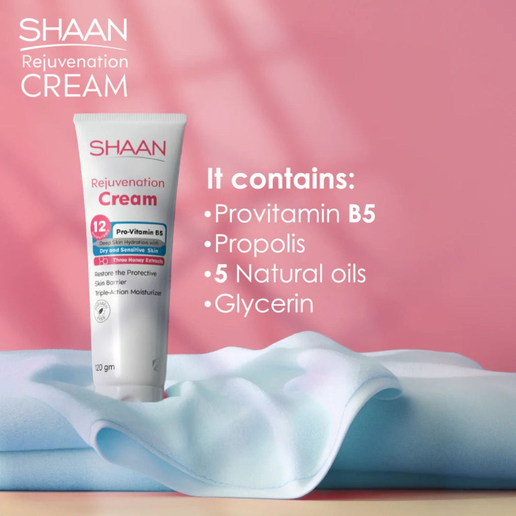 Refect Beauty Shaan Rejuvenation Cream tube featuring Pro-Vitamin B5, propolis, and natural oils on a soft fabric.