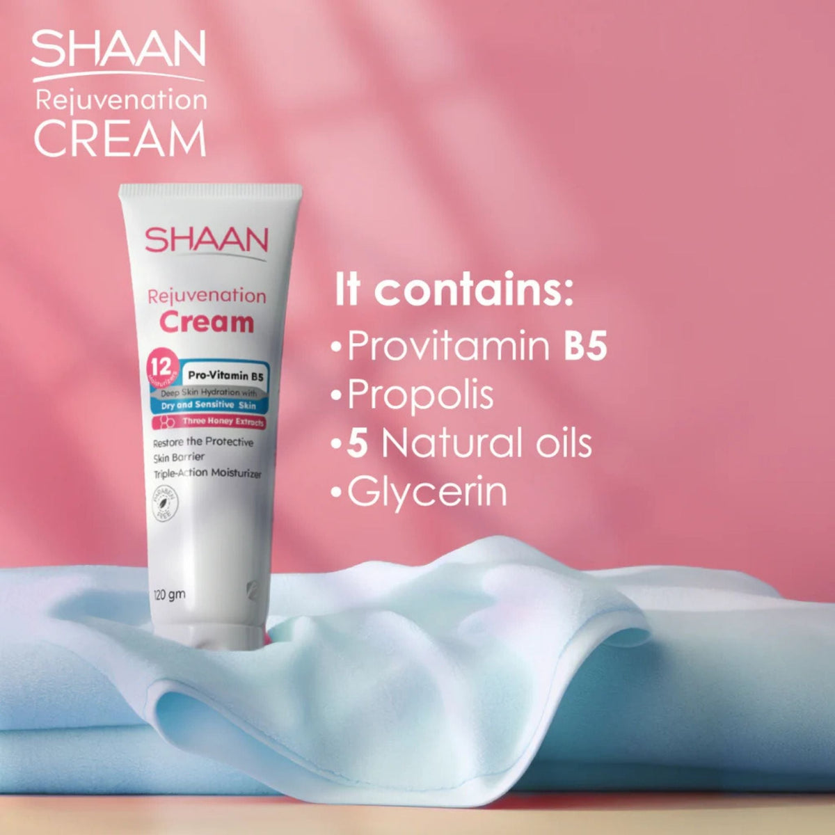 Refect Beauty Shaan Rejuvenation Cream tube featuring Pro-Vitamin B5, propolis, and natural oils on a soft fabric.