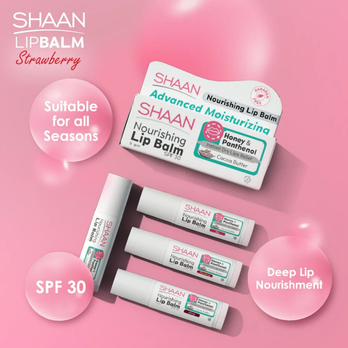 Refect Beauty Shaan nourishing strawberry lip balm SPF 30 tubes and packaging on a pink background