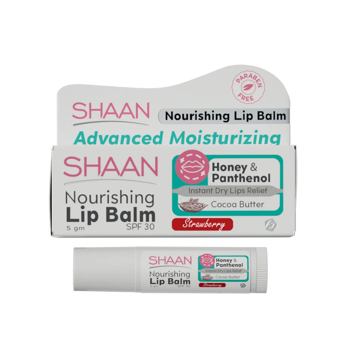 Refect Beauty Shaan Nourishing Strawberry Lip Balm SPF 30 with honey and panthenol in tube and box packaging