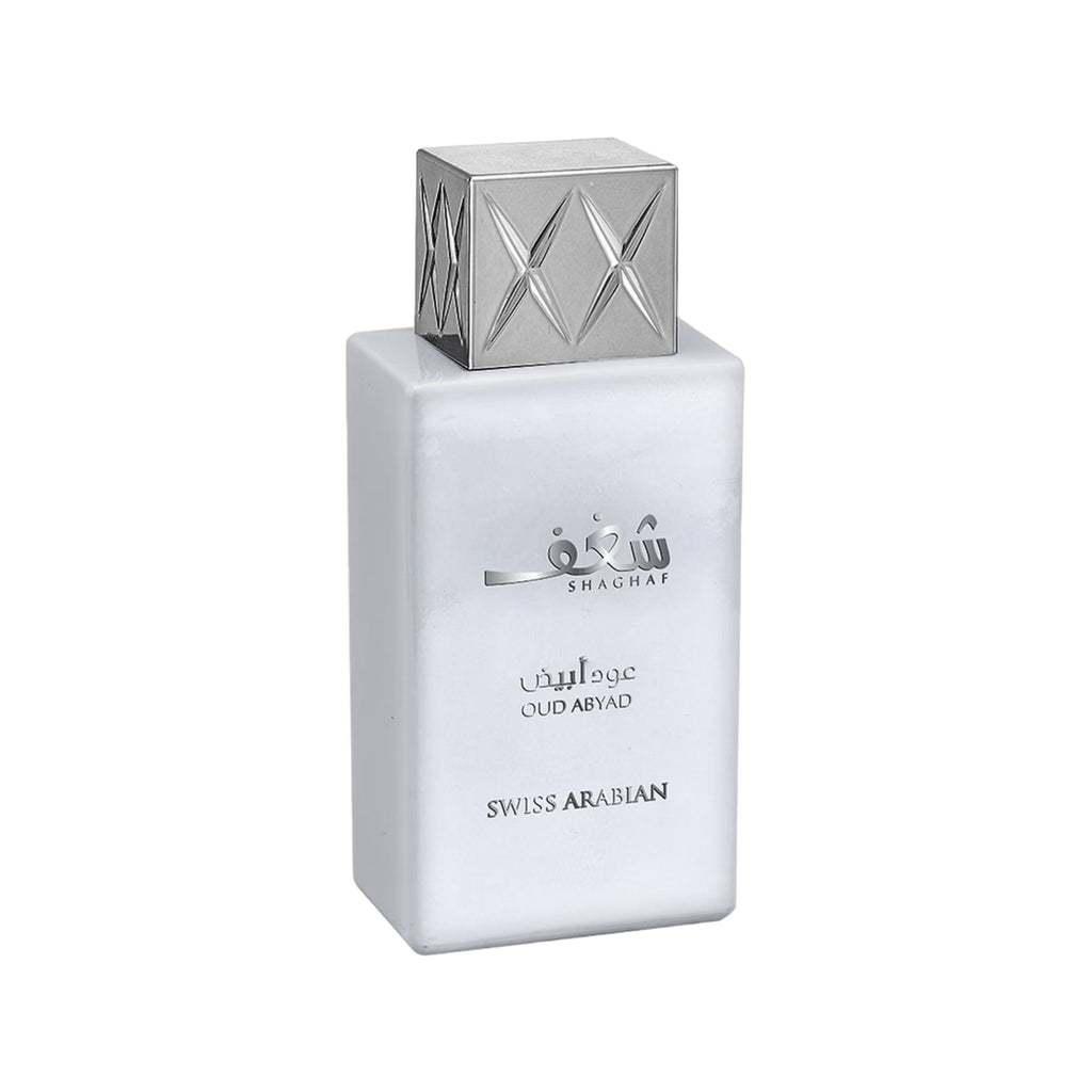 Refect Beauty Swiss Arabian Shaghaf Oud Abyad Eau de Parfum in a white bottle with a silver geometric cap.