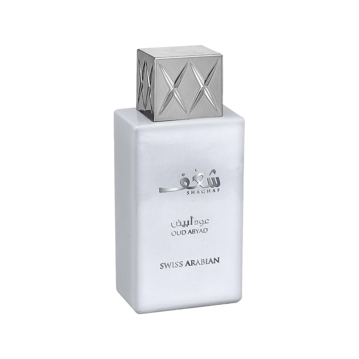 Refect Beauty Swiss Arabian Shaghaf Oud Abyad Eau de Parfum in a white bottle with a silver geometric cap.