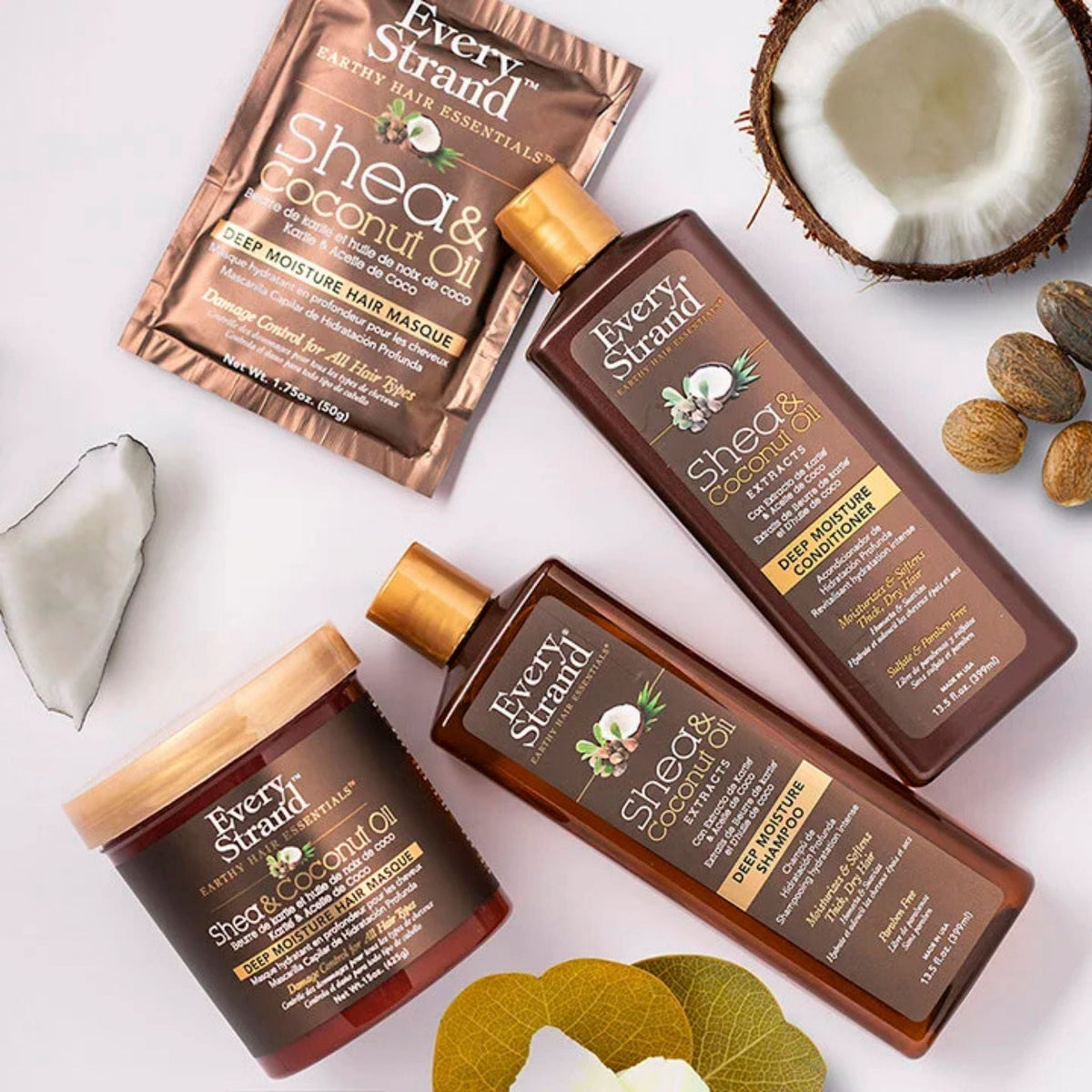 Refect Beauty Every Strand Shea & Coconut Oil hair care collection including shampoo, conditioner, and hair masks.