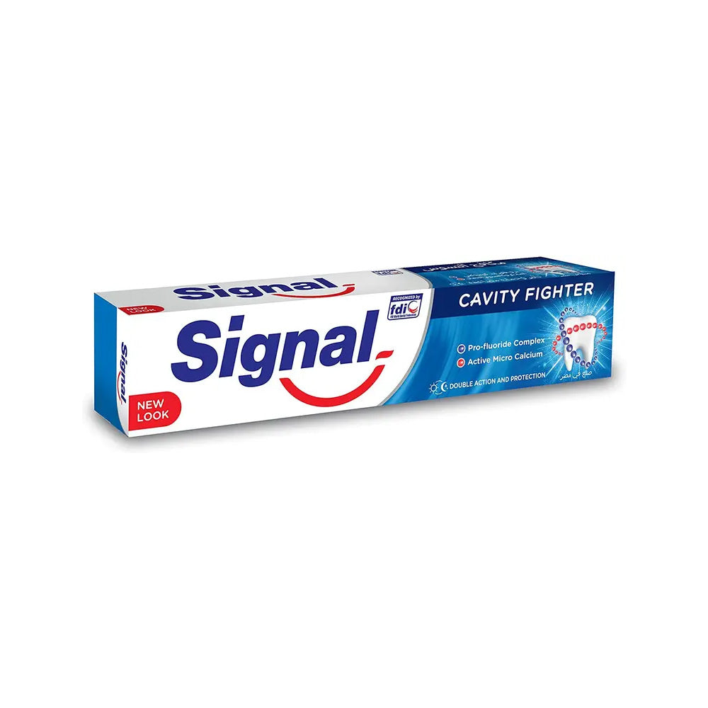 Refect Beauty Signal Cavity Fighter toothpaste box featuring blue and white branding with fluoride and calcium
