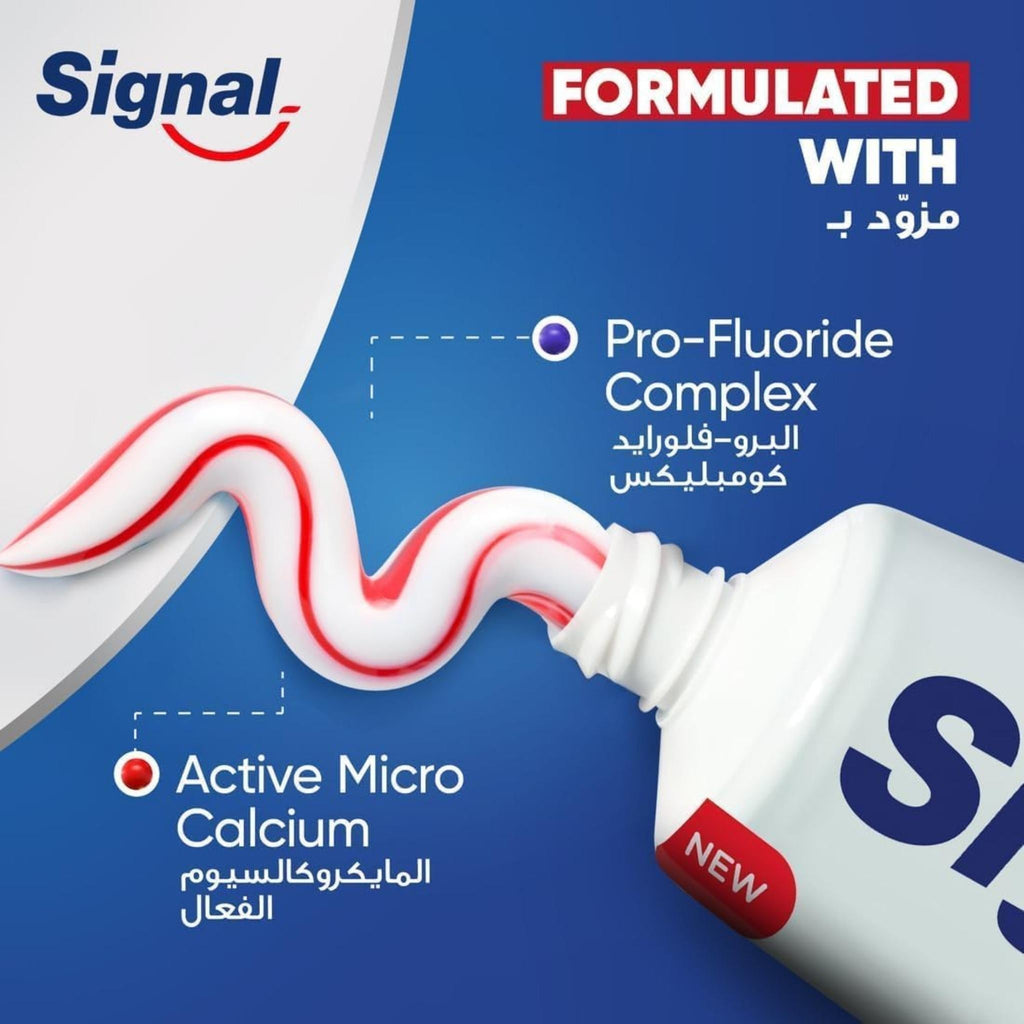 Refect Beauty Signal Cavity Fighter toothpaste tube dispensing red and white striped mint paste with fluoride complex