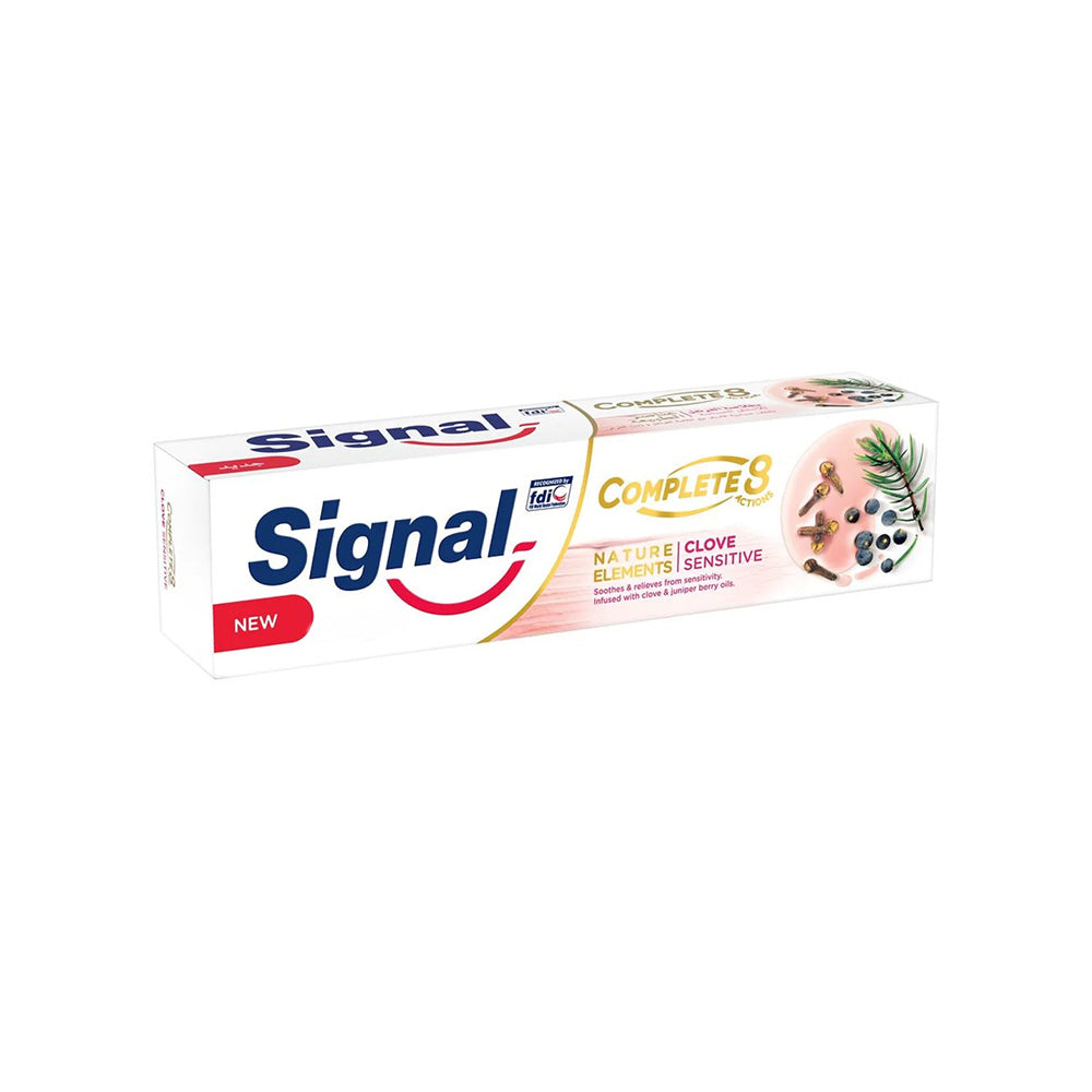 Refect Beauty Signal Complete 8 Clove Sensitive toothpaste box featuring clove and juniper berry illustrations.