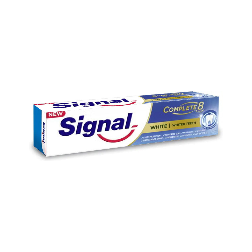 Refect Beauty Signal Complete 8 White toothpaste box featuring blue and white branding for cavity and whitening care.