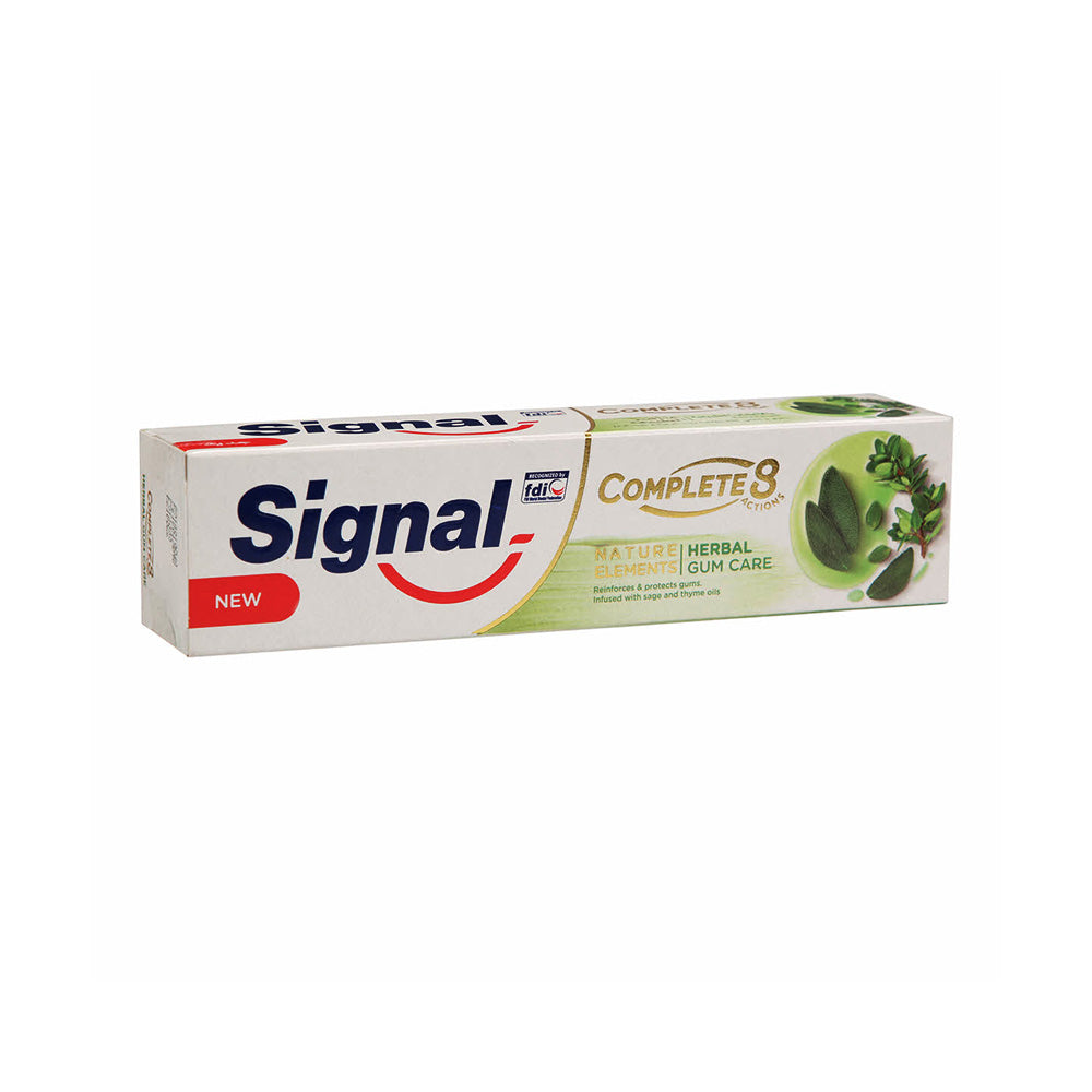 Refect Beauty Signal Complete 8 Herbal Gum Care toothpaste box featuring sage and thyme extracts for healthy gums