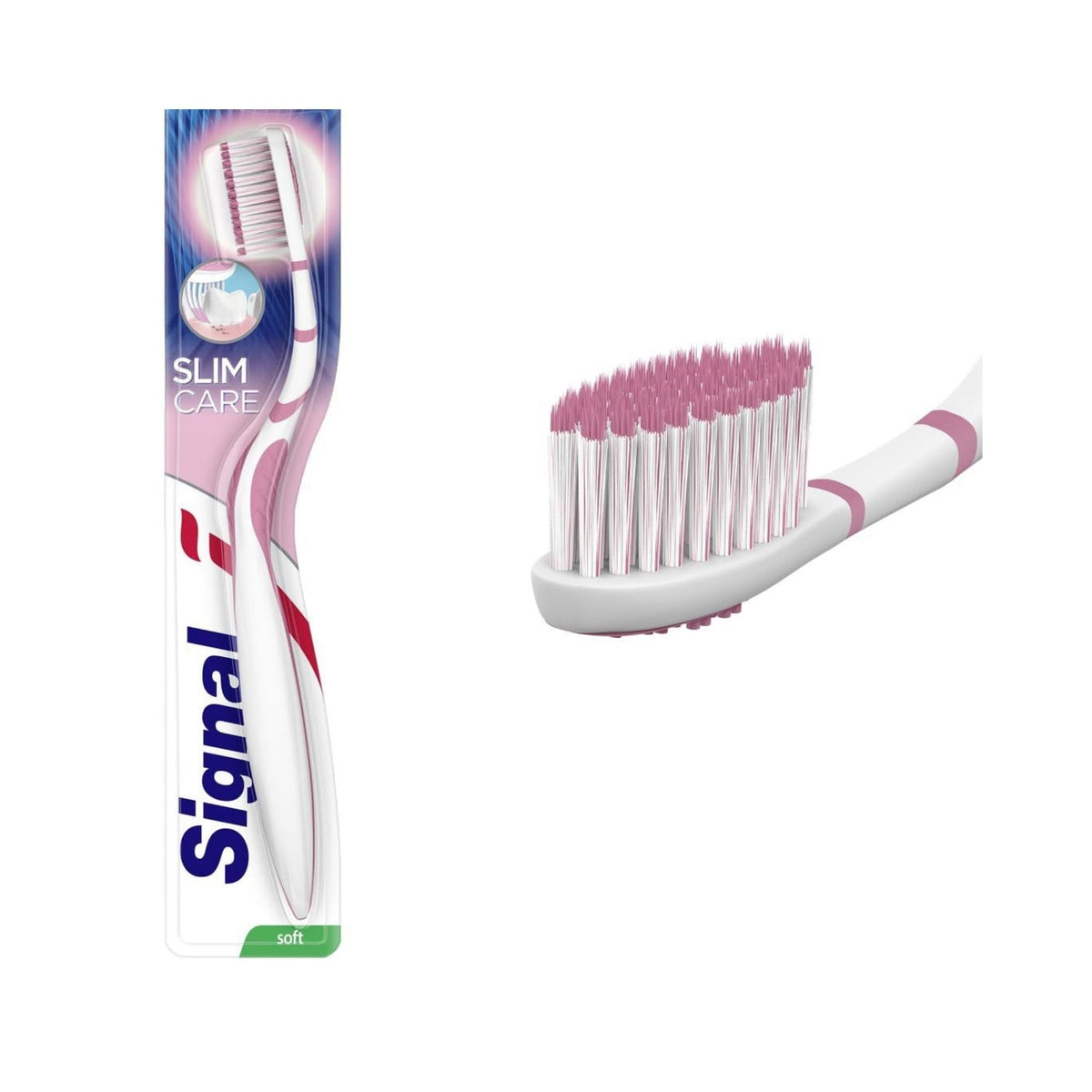 Refect Beauty Signal Slim Care soft toothbrush with pink and white bristles and an ergonomic handle in packaging.