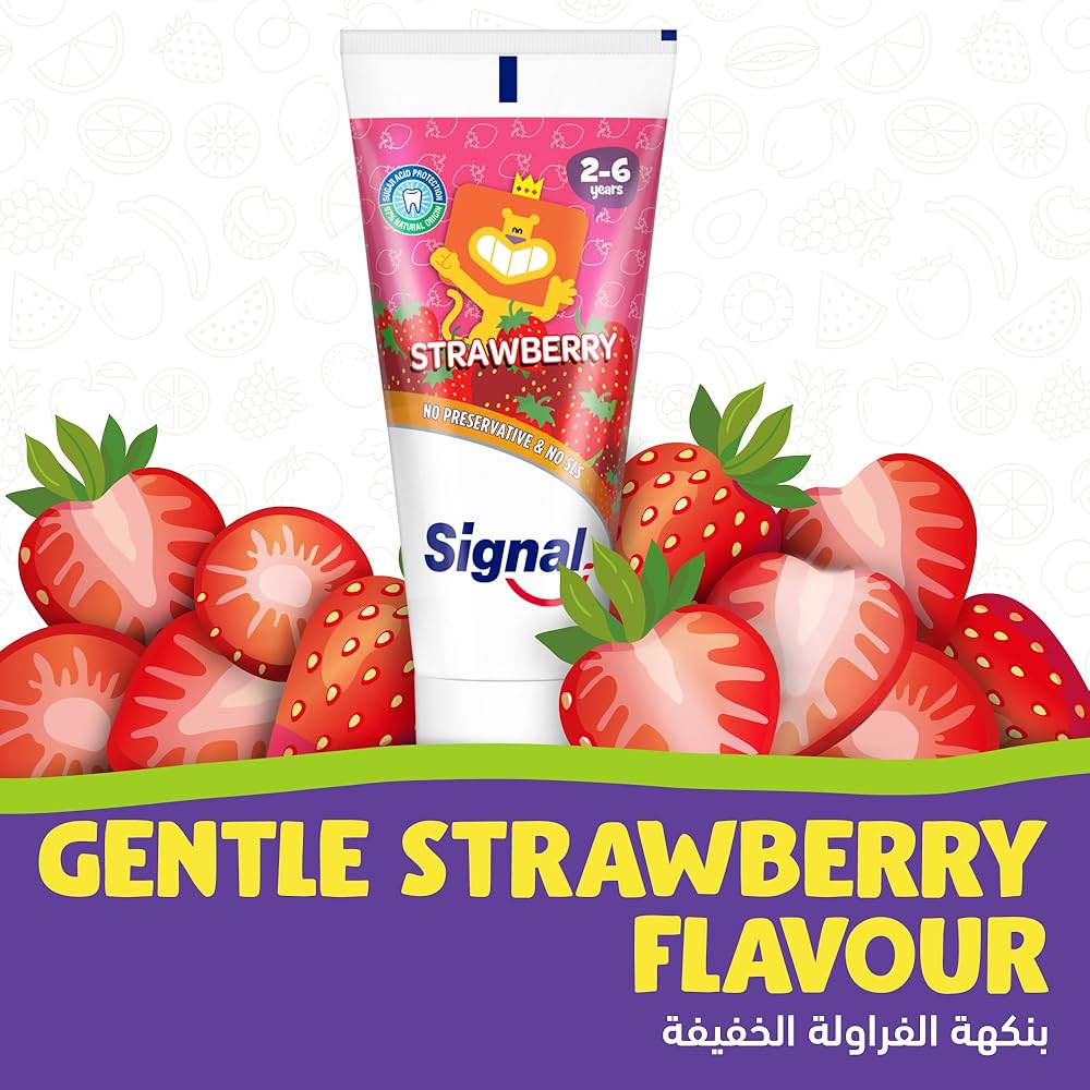 Refect Beauty Signal strawberry kids toothpaste tube for ages 2-6 with a cute lion mascot and fresh strawberry imagery