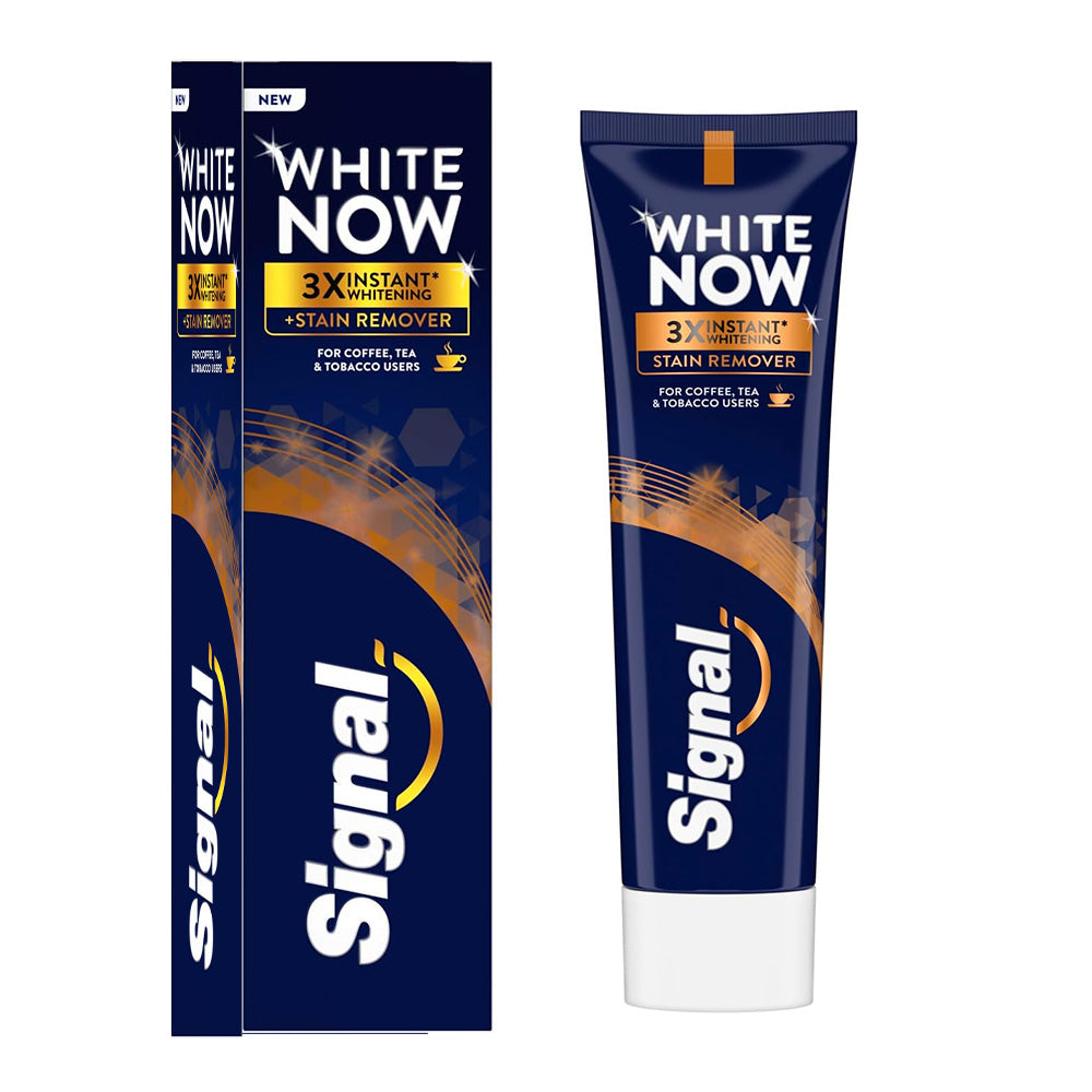 Refect Beauty Signal White Now stain remover toothpaste tube and box with blue and orange branding for whitening