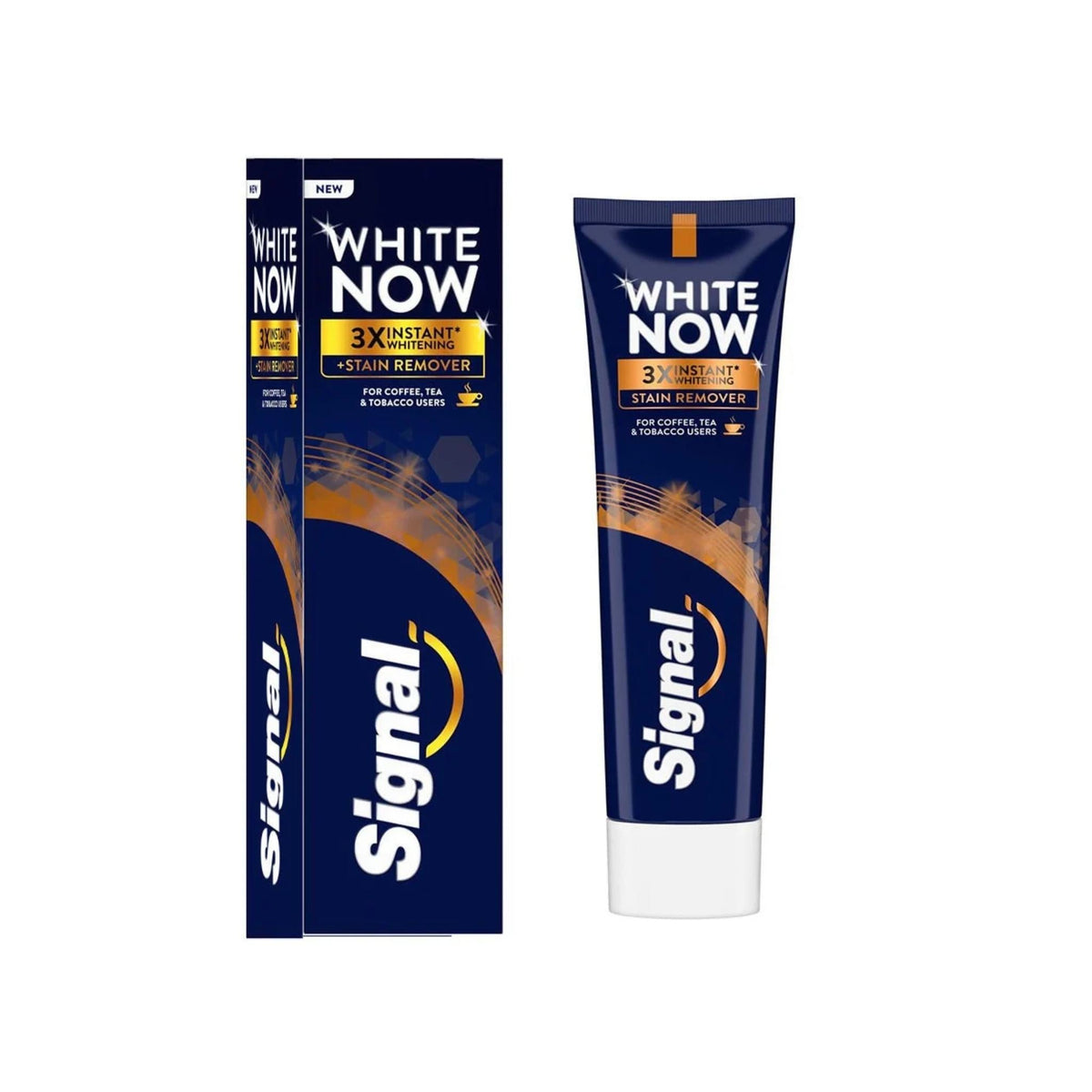 Refect Beauty Signal White Now stain remover toothpaste tube and box with blue and orange branding