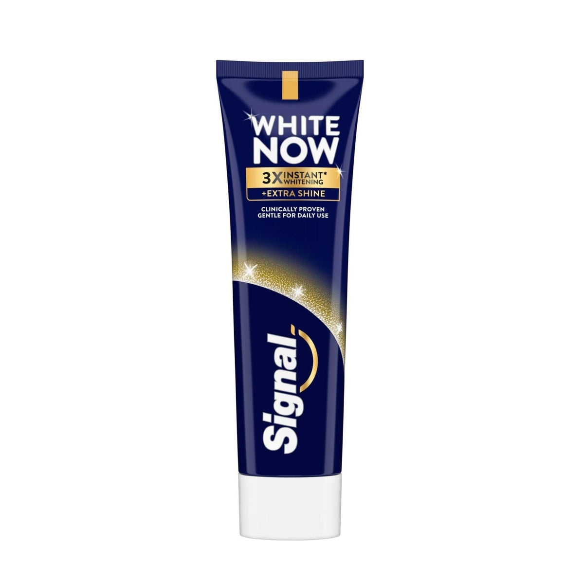 Refect Beauty Signal White Now Gold Plus toothpaste tube with dark blue packaging and gold sparkle accents