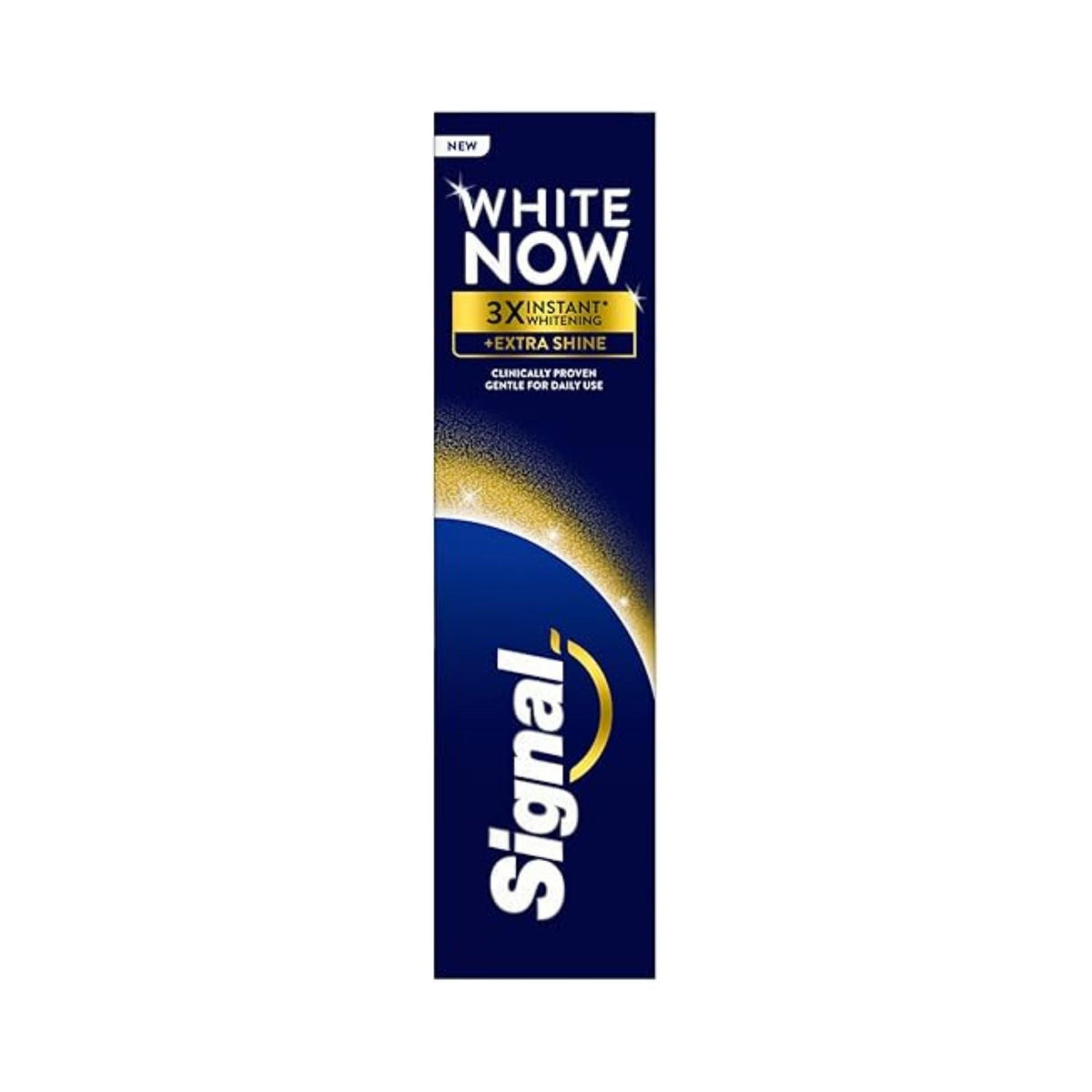 Refect Beauty Signal White Now Gold Plus toothpaste box featuring blue and gold branding for instant whitening.