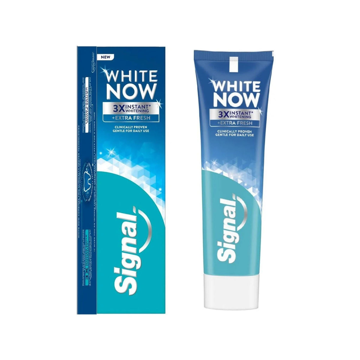 Refect Beauty Signal White Now Extra Fresh toothpaste tube and box featuring blue and white branding for whitening