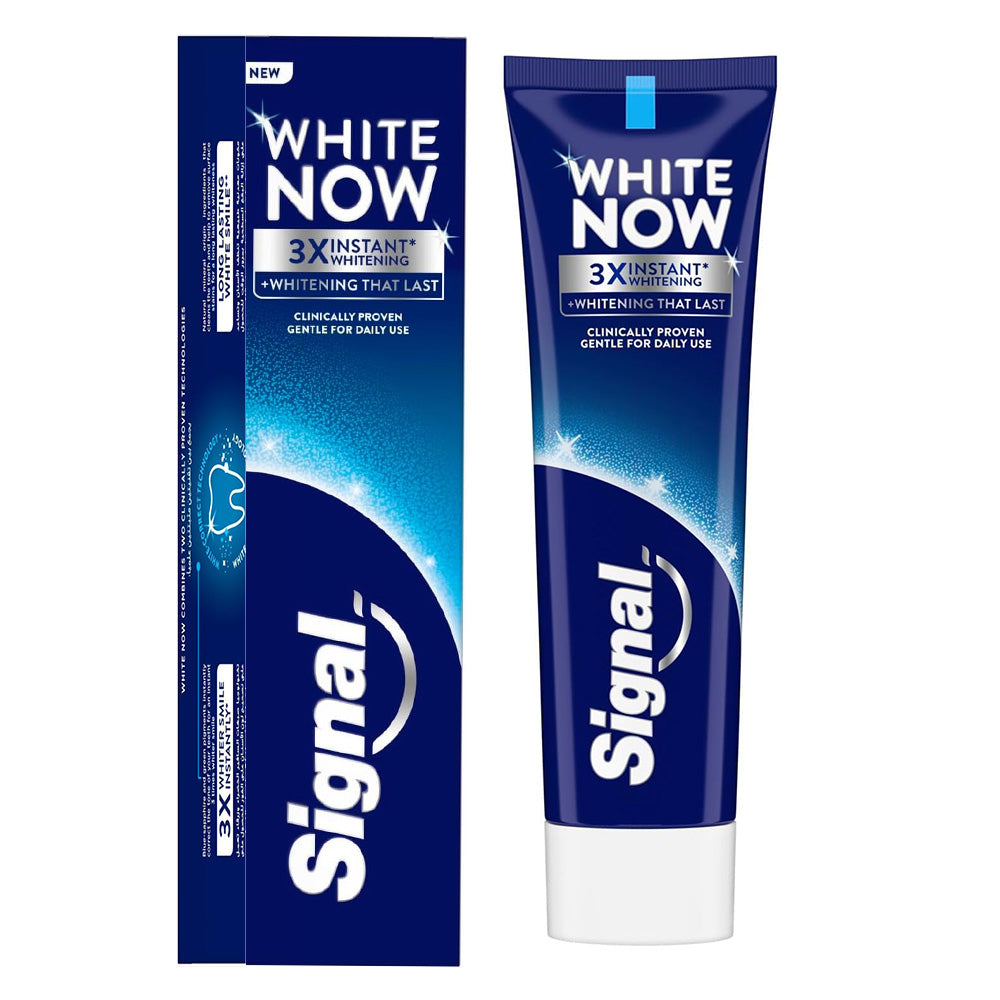 Refect Beauty Signal White Now whitening toothpaste tube and box featuring blue and white branding for daily use.