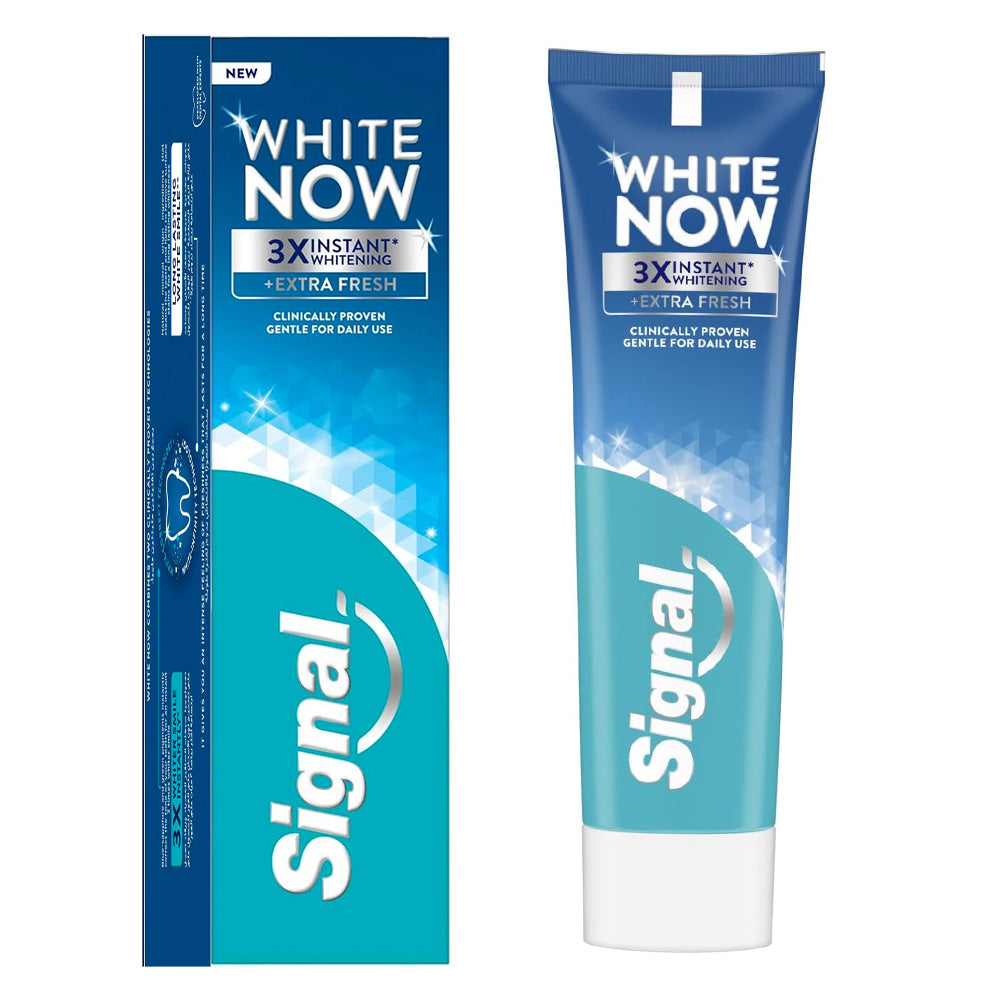 Refect Beauty Signal White Now Extra Fresh whitening toothpaste tube and box with blue and white branding