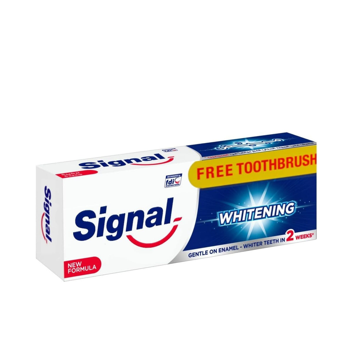 Refect Beauty Signal whitening toothpaste box with a free toothbrush included for daily oral care and enamel protection