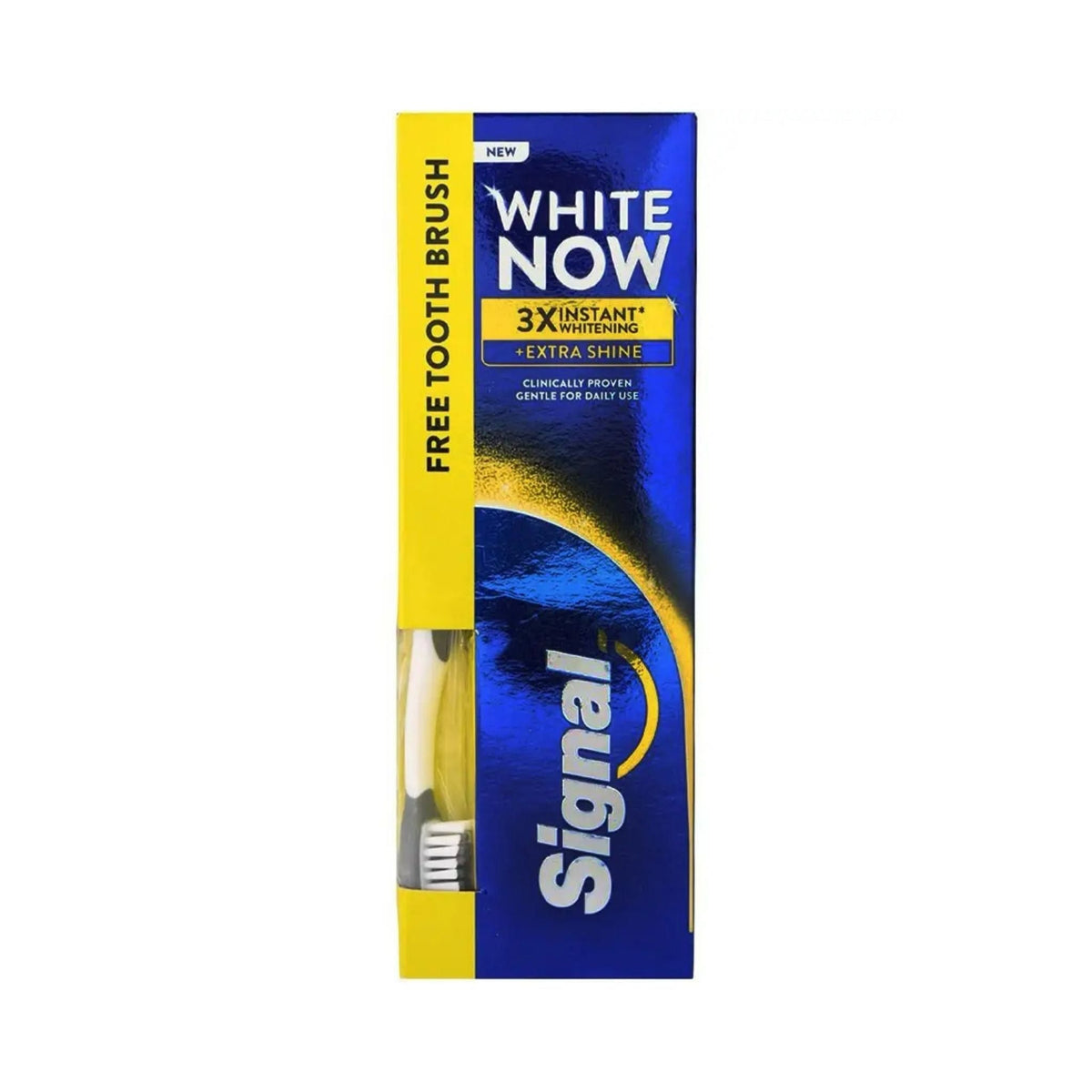 Refect Beauty Signal White Now Extra Shine toothpaste box with a free toothbrush included in blue and yellow packaging