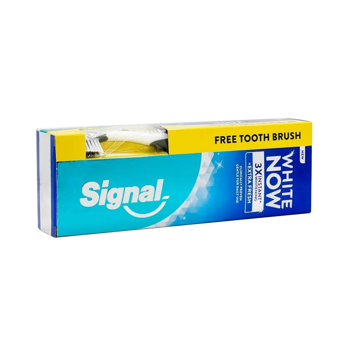 Refect Beauty Signal White Now Extra Fresh toothpaste box with a free toothbrush included for daily oral care.