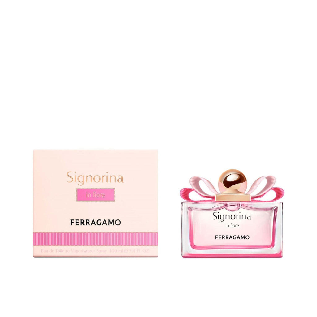 Refect Beauty Salvatore Ferragamo Signorina In Fiore Eau de Toilette bottle and pink box with signature bow detail