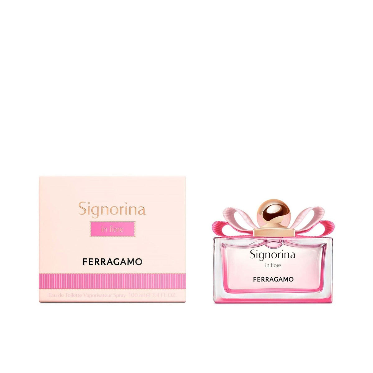 Refect Beauty Salvatore Ferragamo Signorina In Fiore Eau de Toilette bottle and pink box with signature bow detail