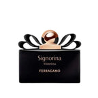 Refect Beauty Salvatore Ferragamo Signorina Misteriosa perfume bottle in black glass with a gold cap and black bow.
