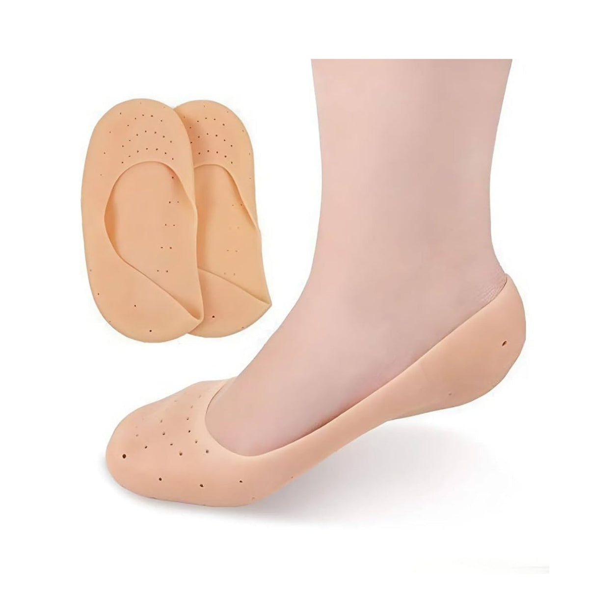 Refect Beauty silicone medical insoles worn on a foot with a pair of beige breathable gel shoe inserts shown separately