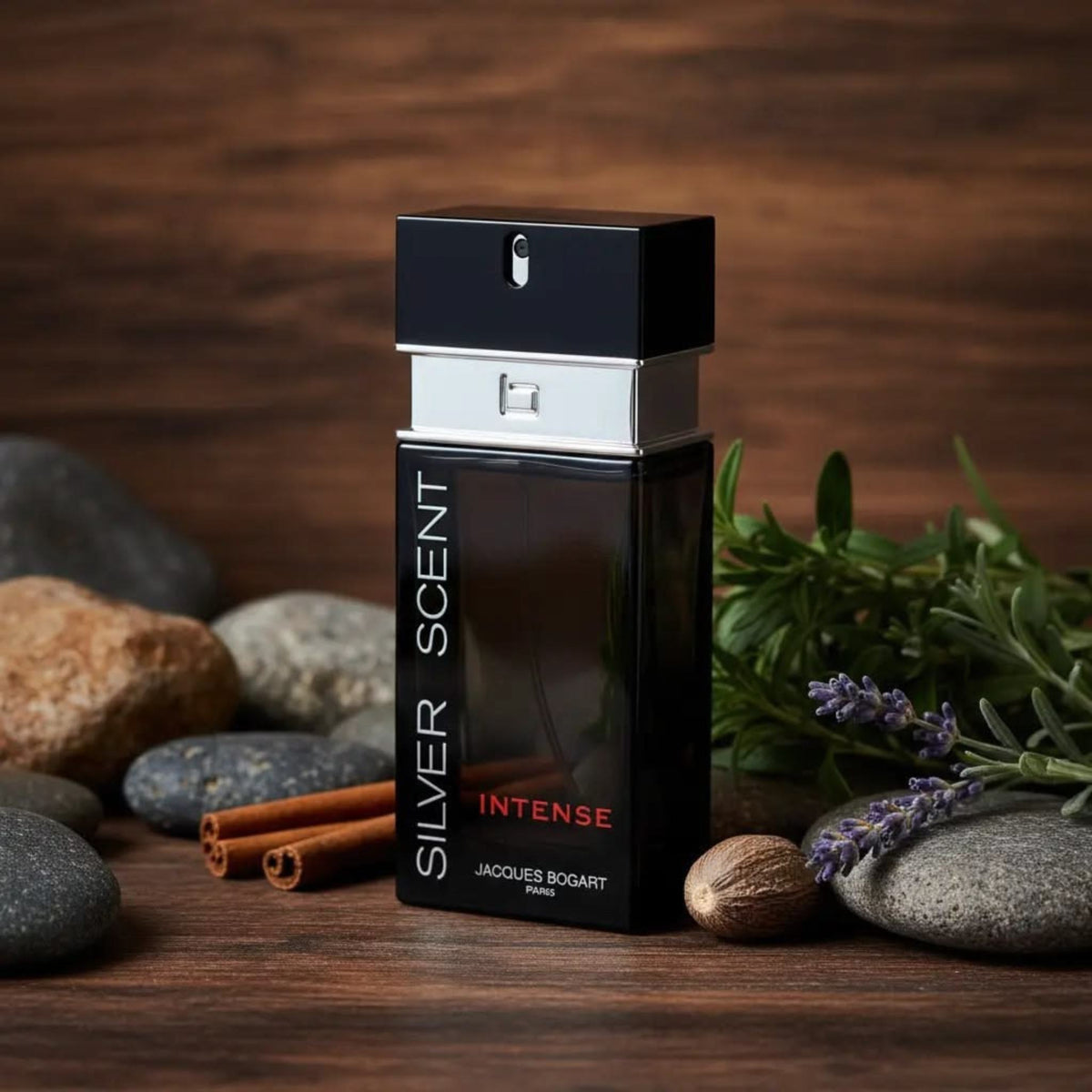 Refect Beauty Jacques Bogart Silver Scent Intense eau de toilette bottle surrounded by spices and stones
