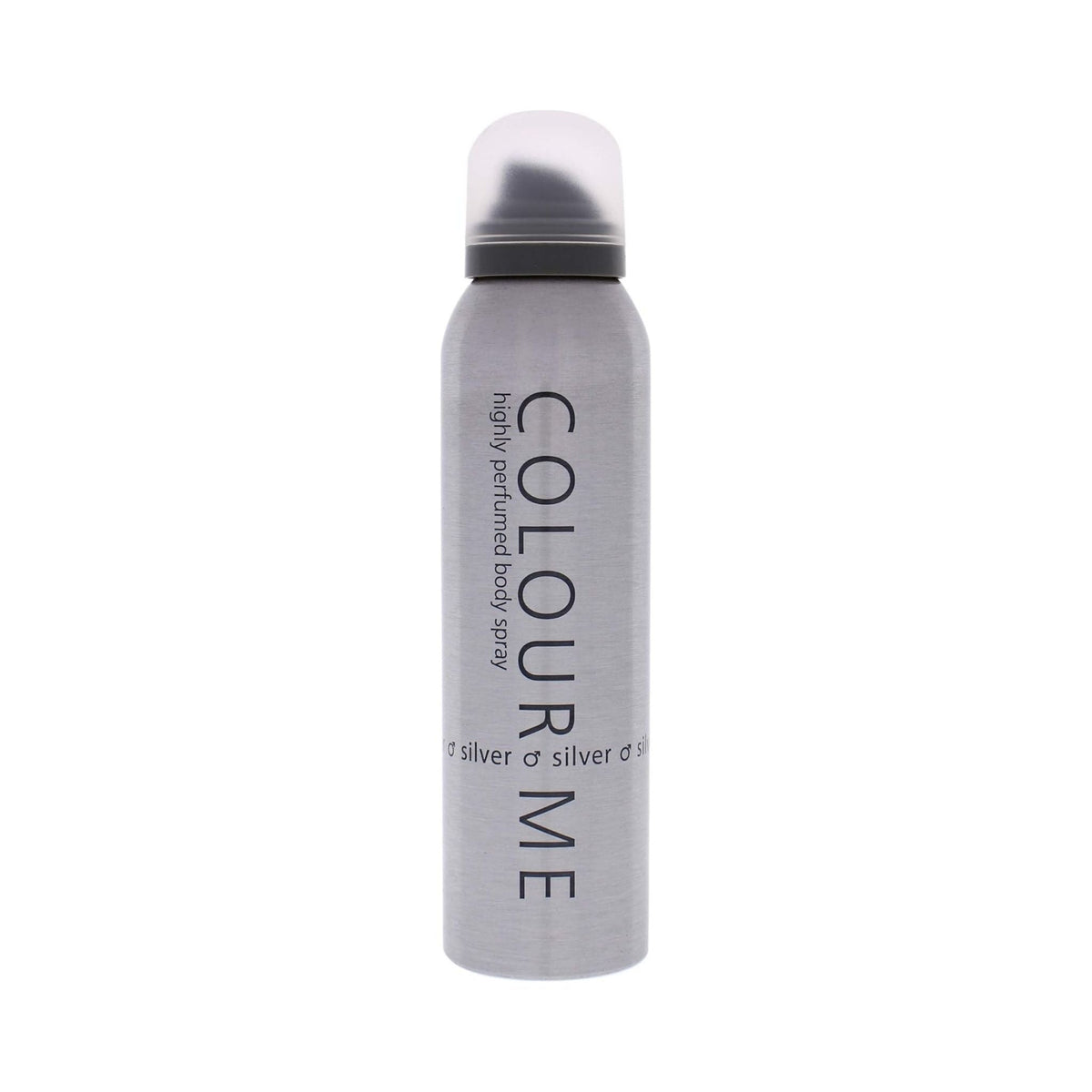 Refect Beauty Colour Me Silver Sport body spray for men in a sleek metallic grey aerosol can with a clear cap.