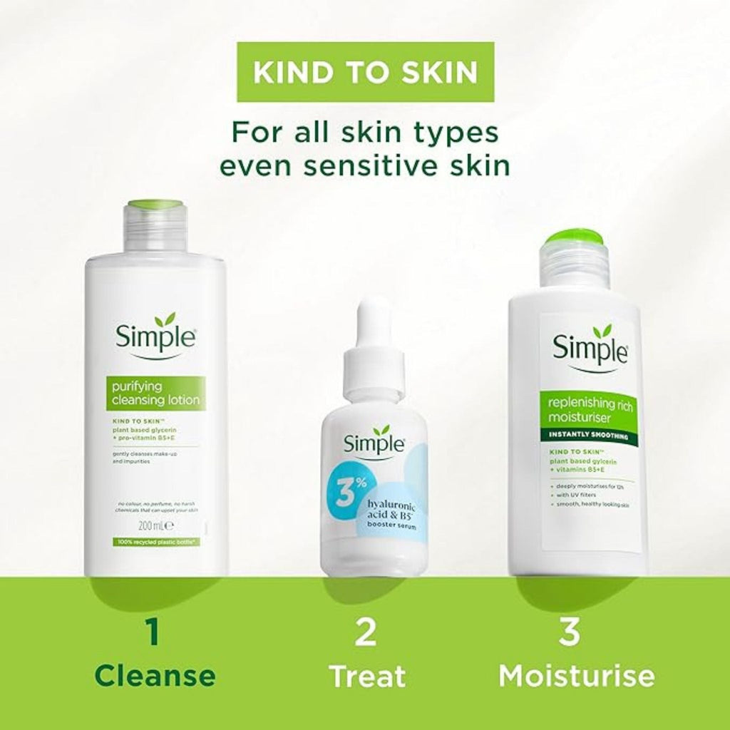Refect Beauty skincare routine set featuring Simple cleansing lotion, hyaluronic acid serum, and rich moisturiser.
