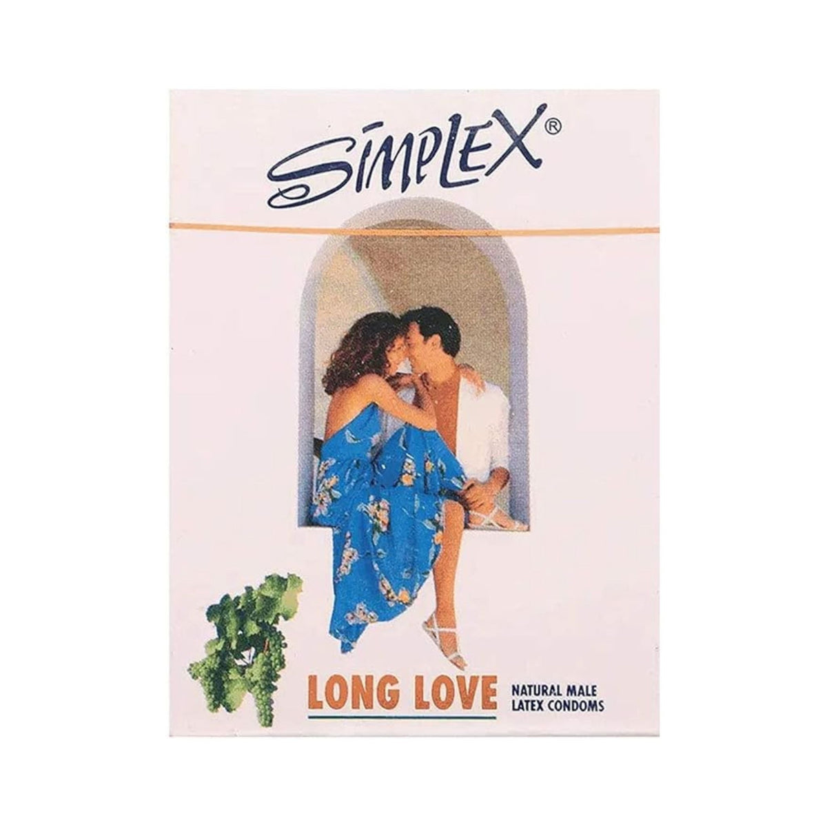 Refect Beauty Simplex Long Love natural latex condoms in a 3-piece pack featuring a romantic couple illustration